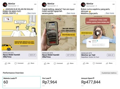 Facebook Ads: 60 website leads at Rp7,964 per lead, Rp477,844 spent